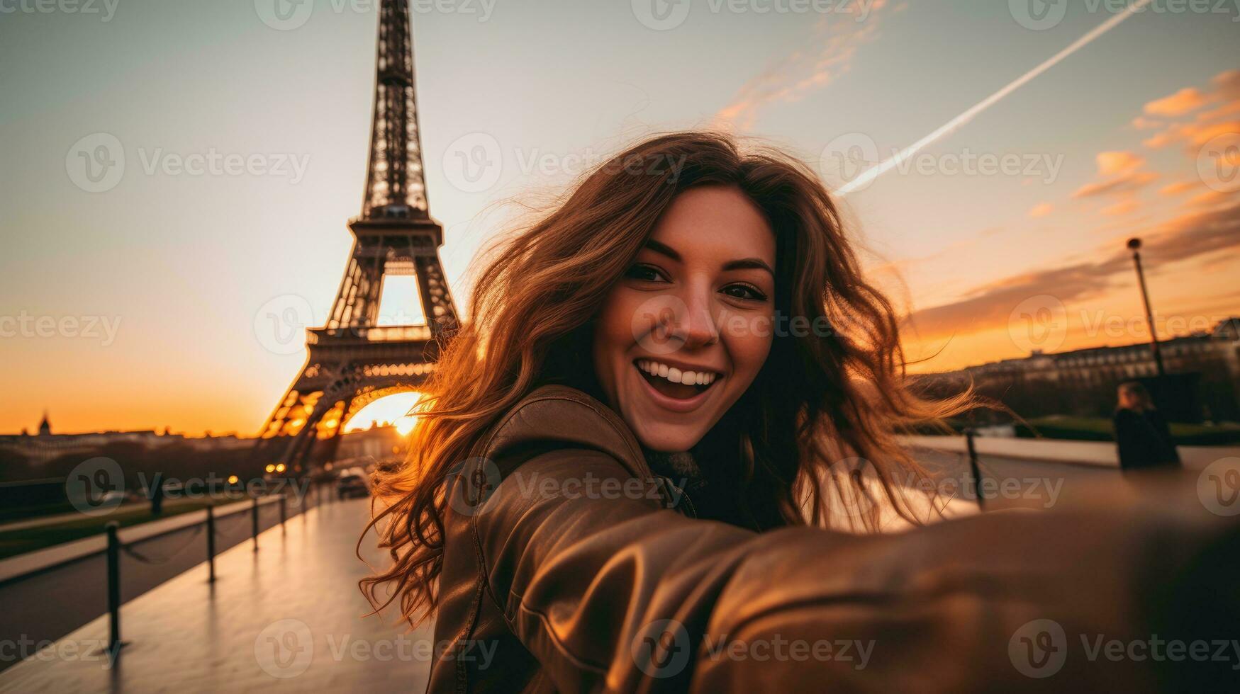 Young beautiful woman taking selfie in front of the Eiffel tower photo