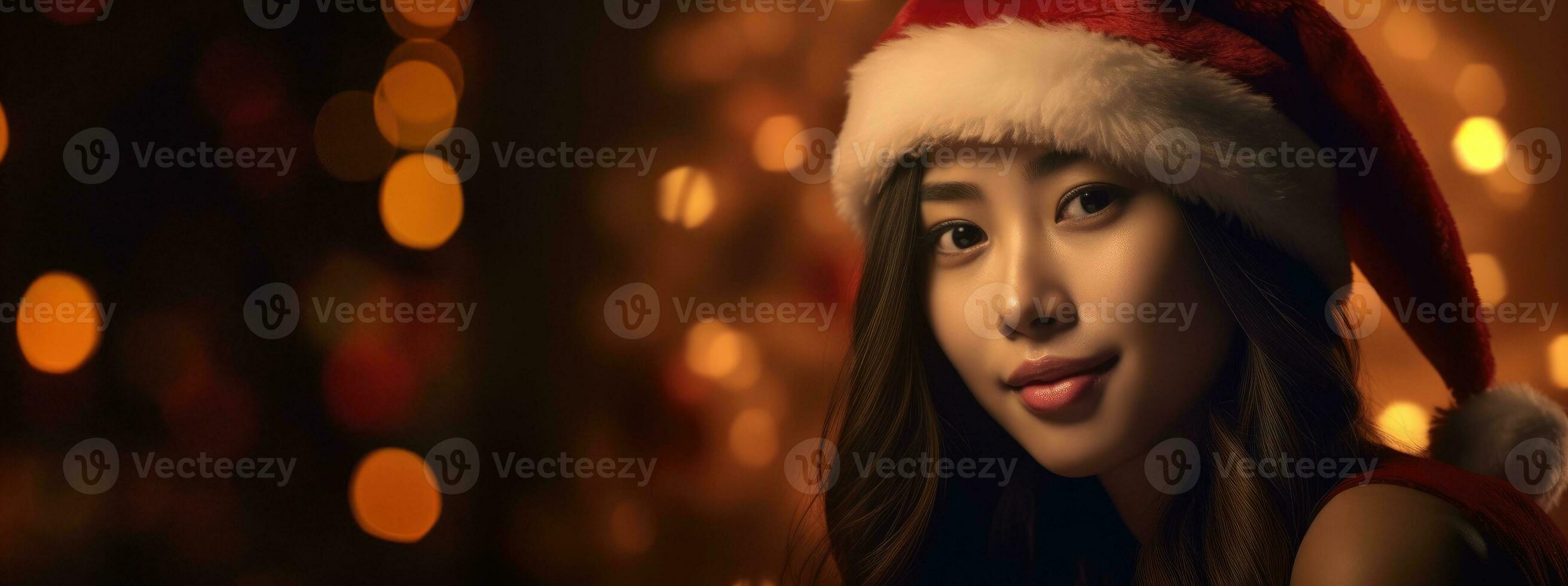 Asian beautiful woman wearing santa hat. photo