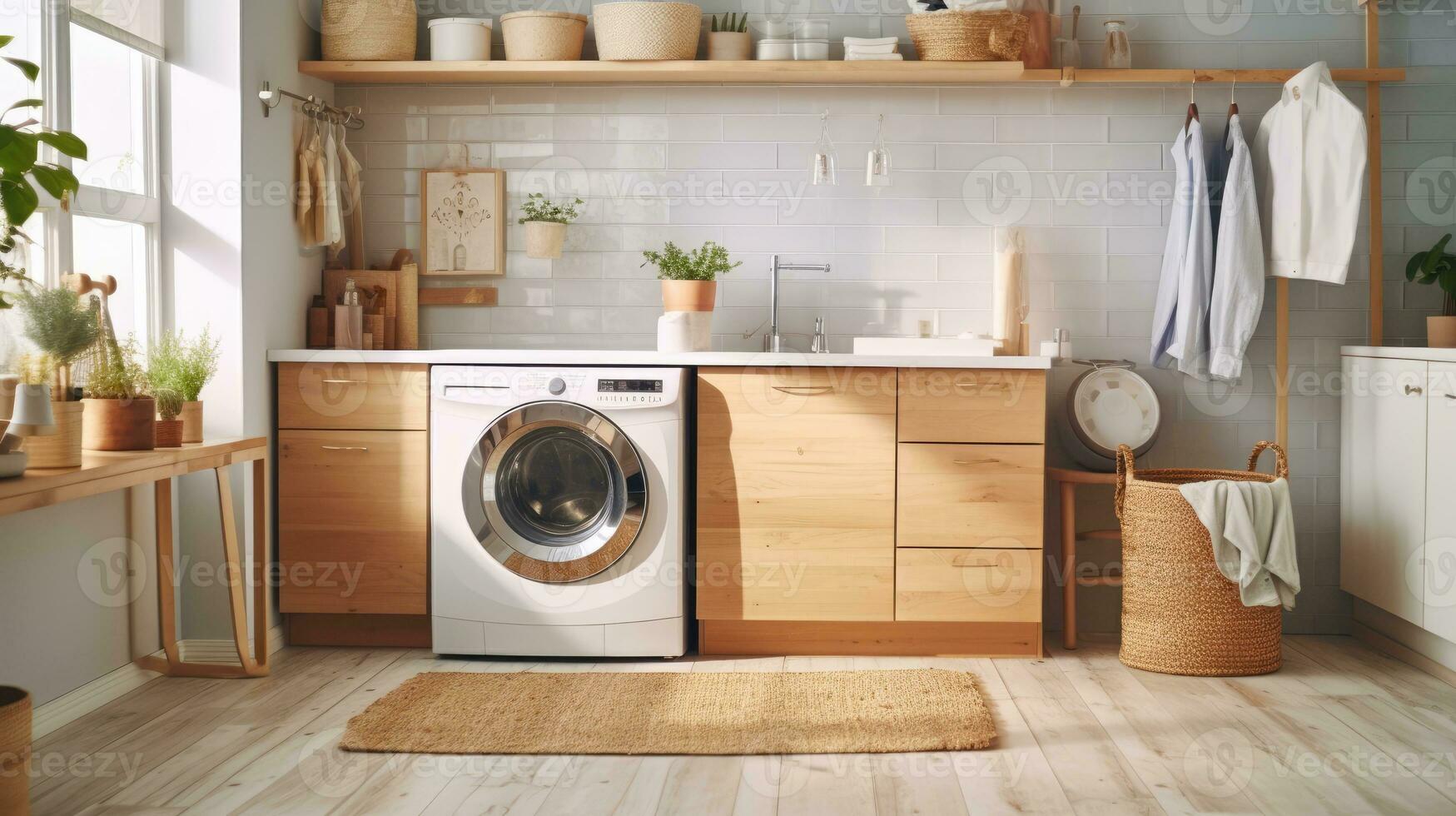 foto de Lavado máquina en pie en un lavandería habitación en un moderno minimalista hogar