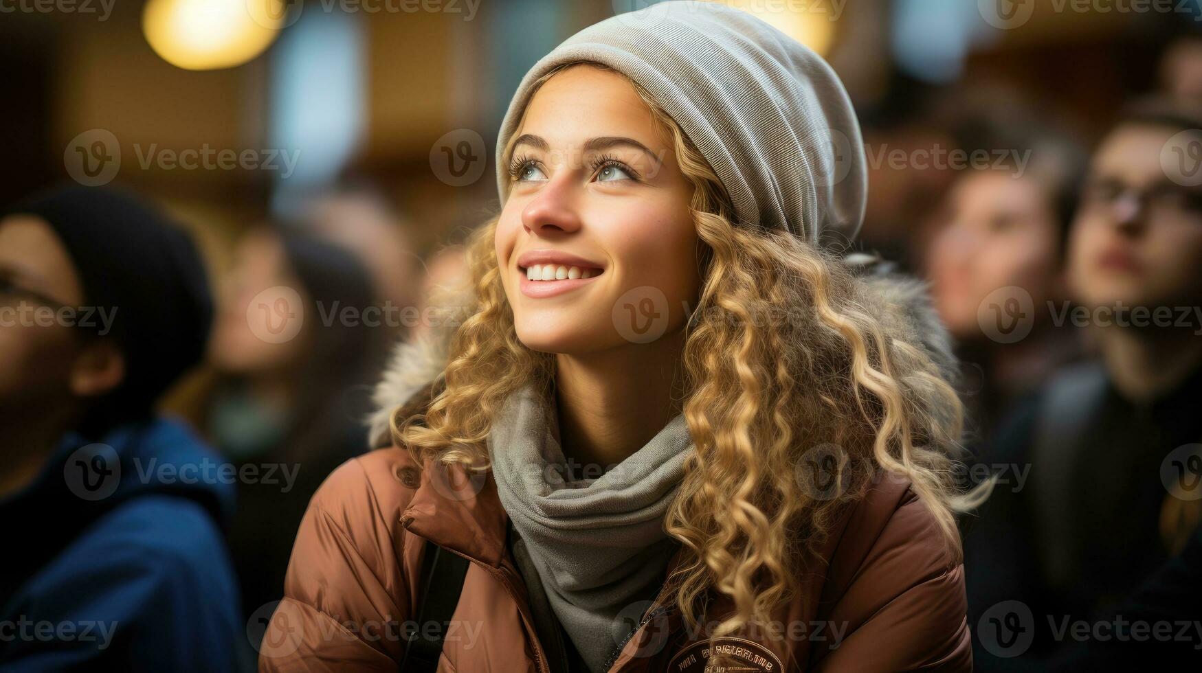 Close-up shot of a female student listening to a lecture at the university photo