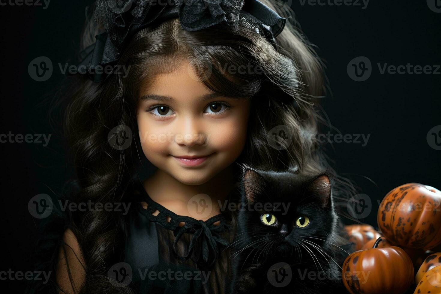 Smiling Girl in Costume with her Cat for Halloween. Generative AI photo