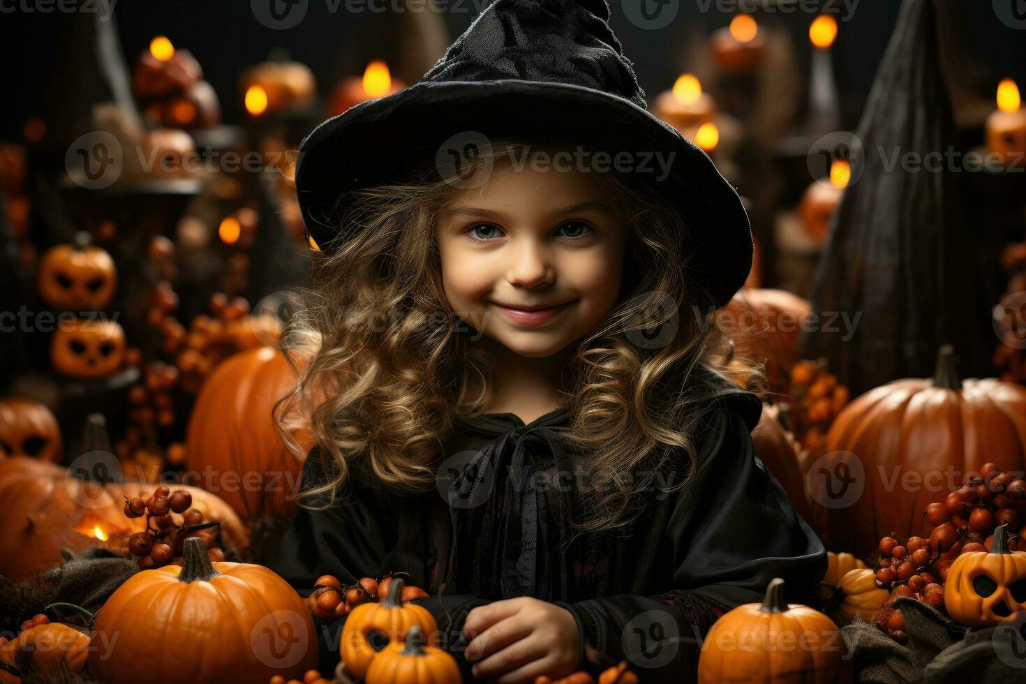 Little Witch - Gleeful Girl In Halloween Attire Posing In Studio Setup. Generative AI photo