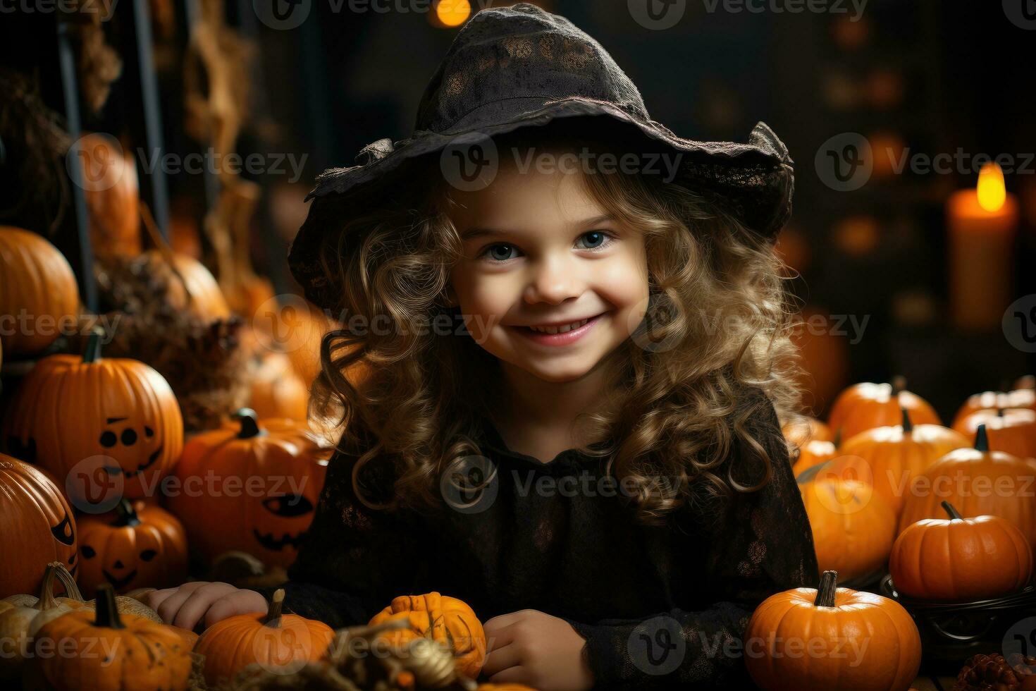 Little Witch - Gleeful Girl In Halloween Attire Posing In Studio Setup. Generative AI photo