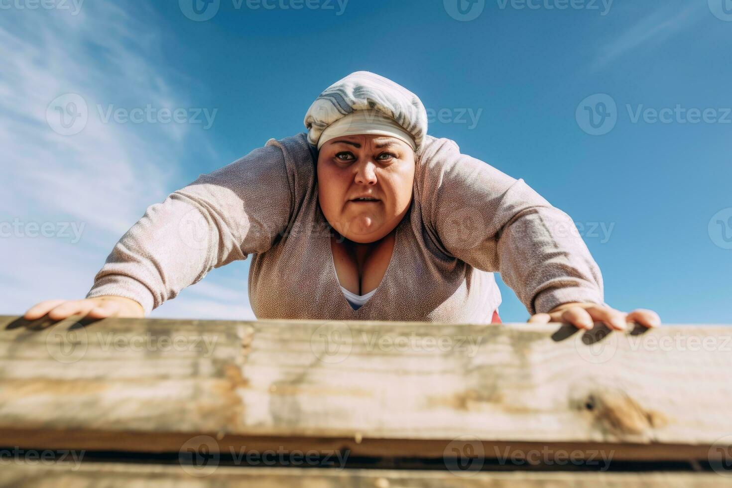 A low angle shot of an overweight woman triumphantly holding a plank position. Generative AI photo