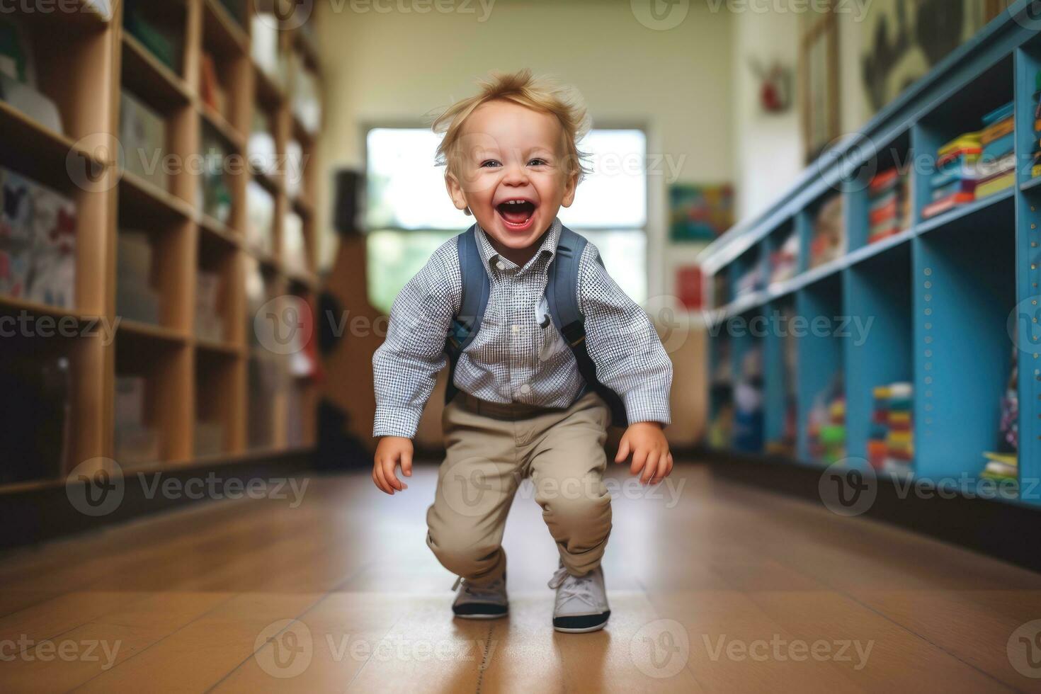 un arriba - cerca, sincero Disparo de un niño pequeño, Listo para su primero día a jardín de infancia. generativo ai foto