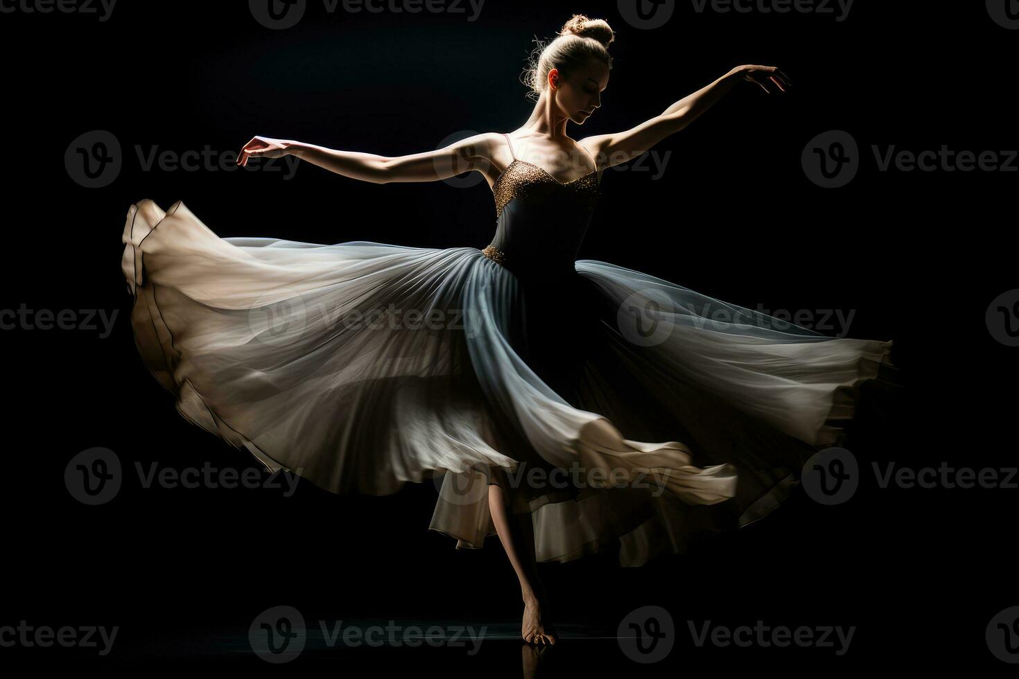 A dramatic and moody low key image of a ballerina in motion. Generative AI photo