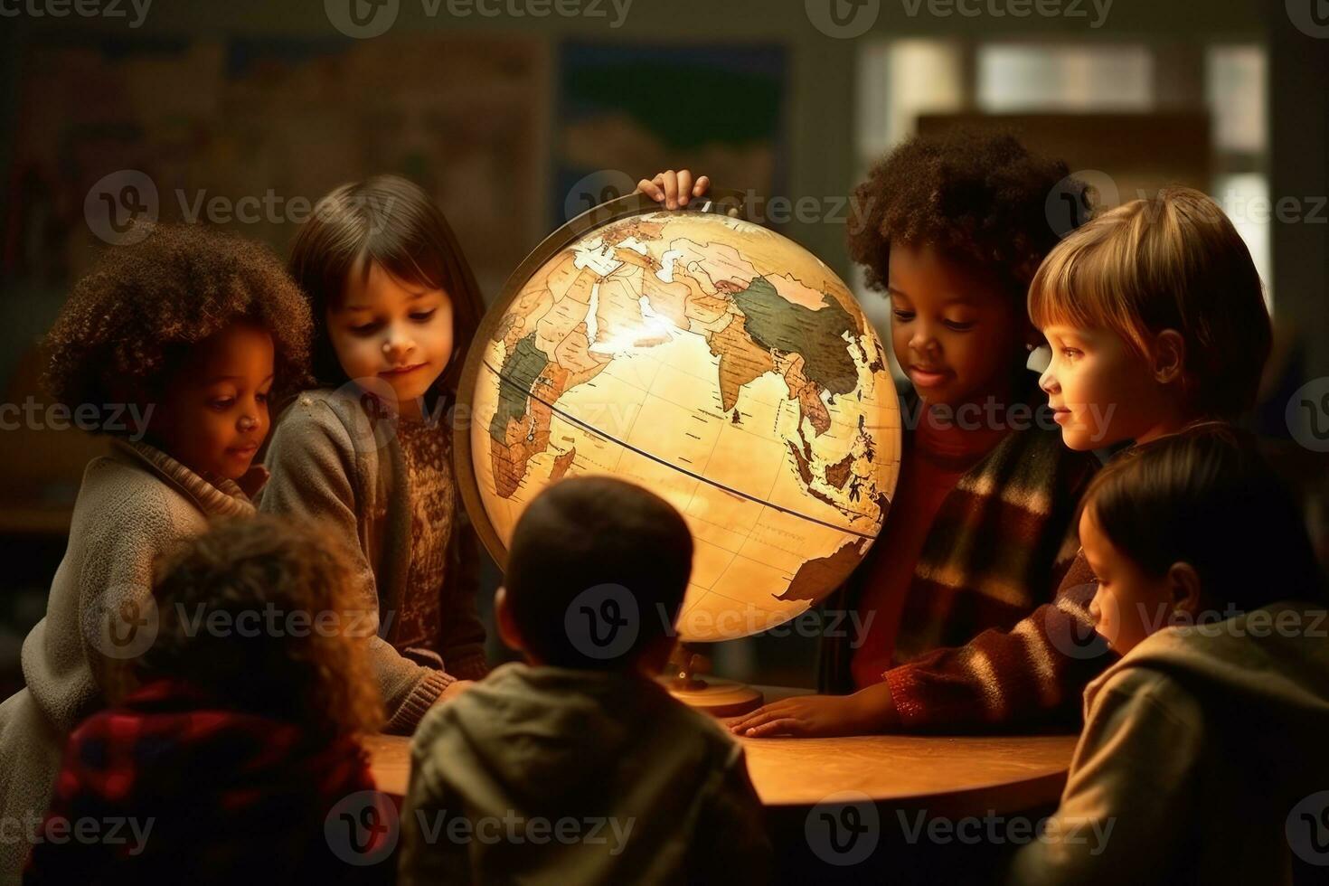 un dinámica y atmosférico ajuste presentando un grupo de niños acurrucado alrededor un globo. generativo ai foto