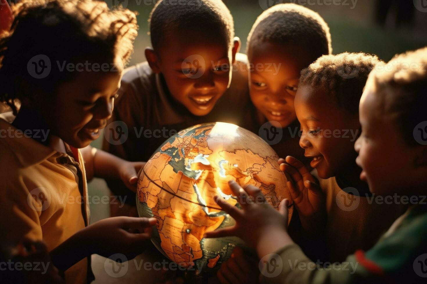 un dinámica y atmosférico ajuste presentando un grupo de niños acurrucado alrededor un globo. generativo ai foto