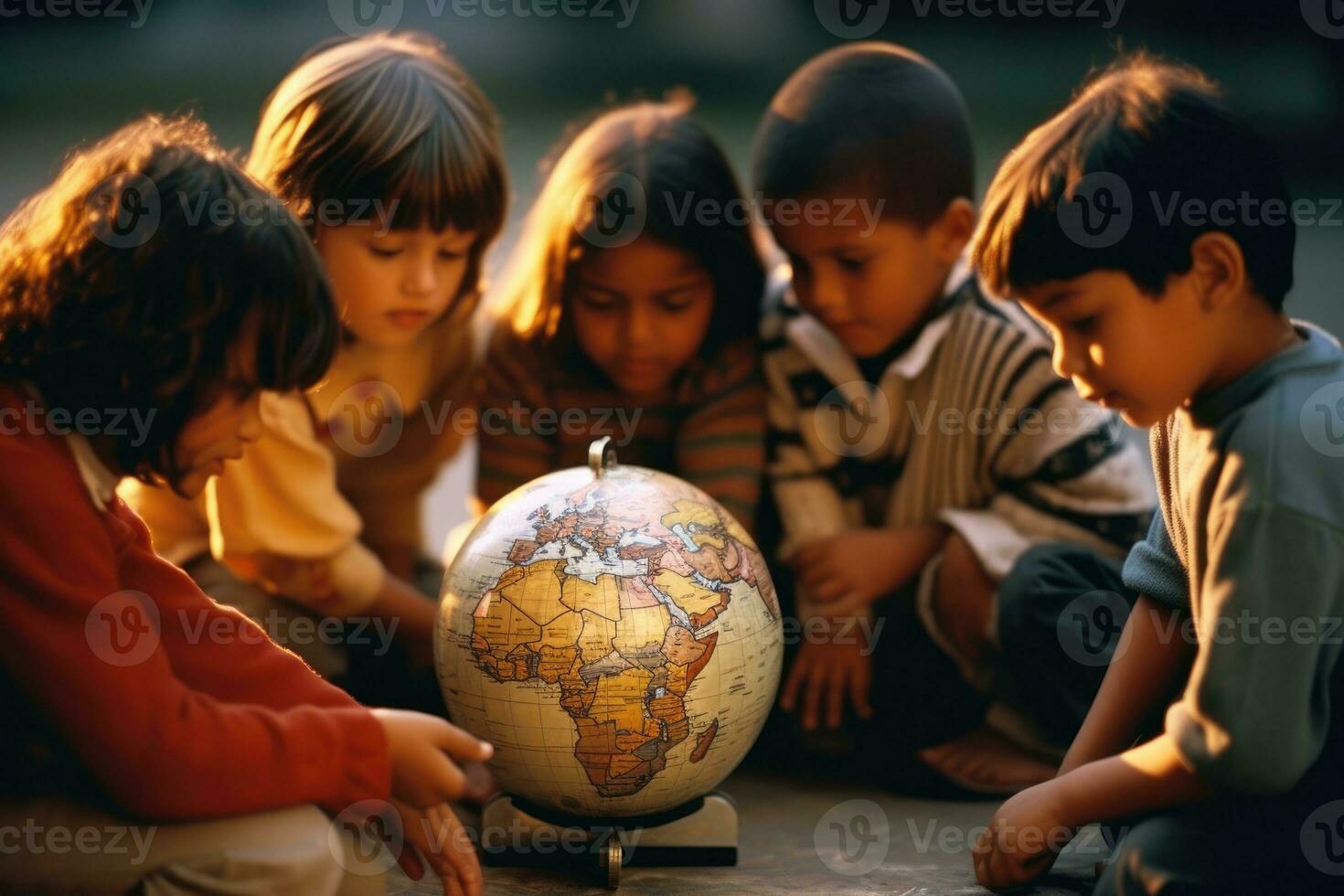 un dinámica y atmosférico ajuste presentando un grupo de niños acurrucado alrededor un globo. generativo ai foto