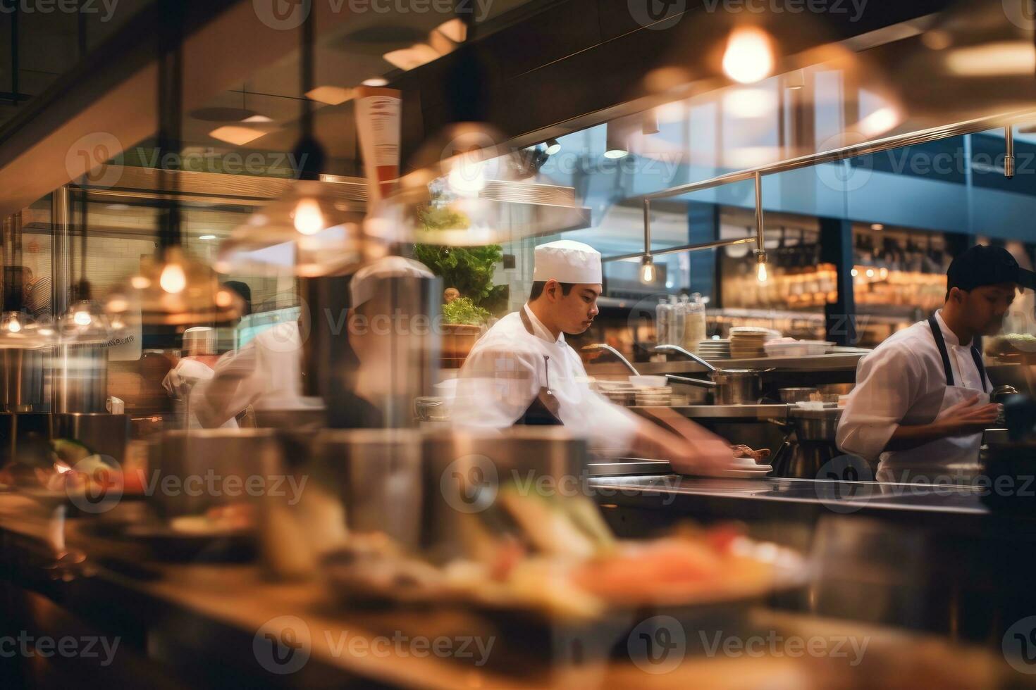 Soft-focus photo of the bustle of chefs in a restaurant kitchen. Generative AI