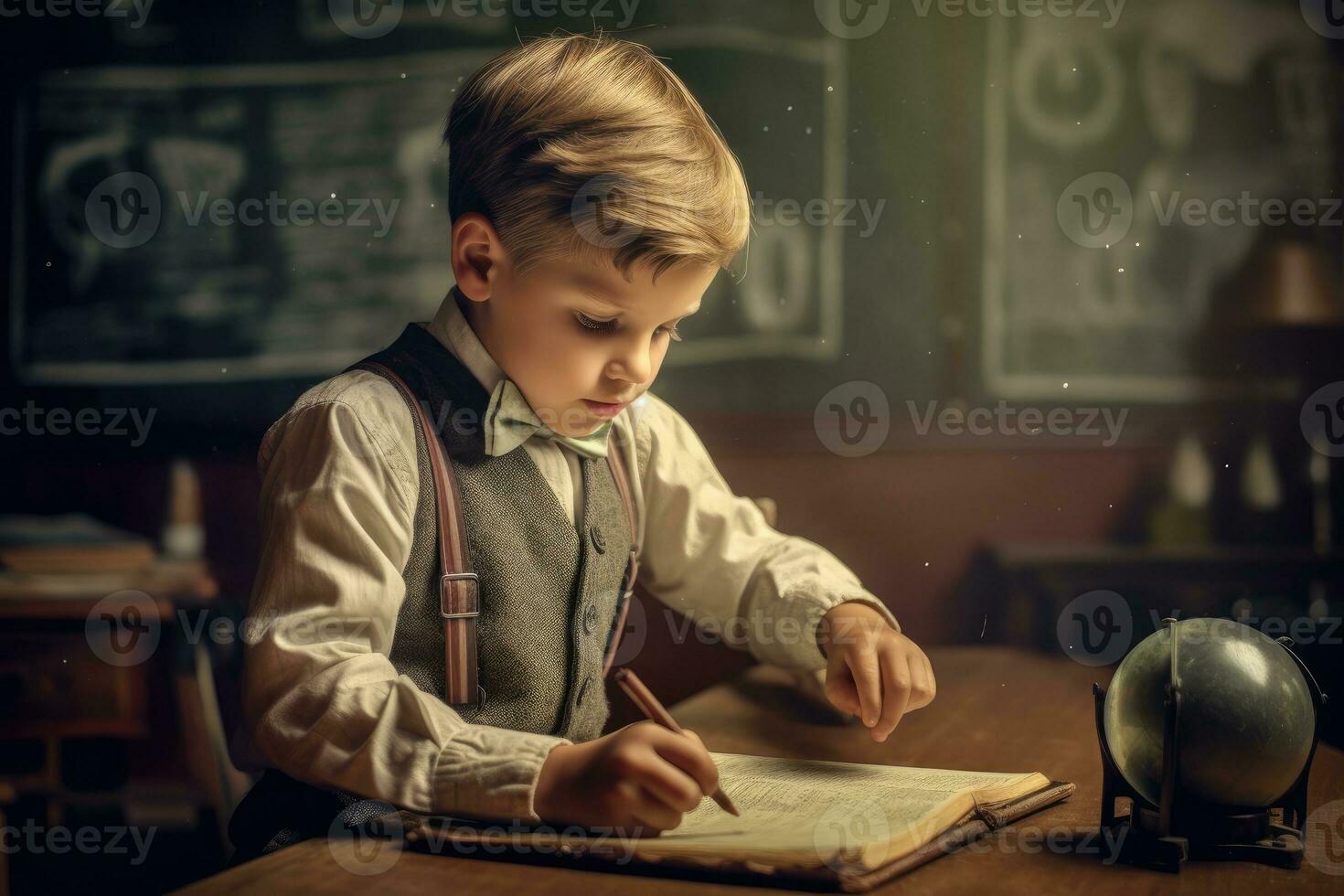 A cute photo of a young boy sitting in front of the chalkboard and writing in a notebook. Generative AI