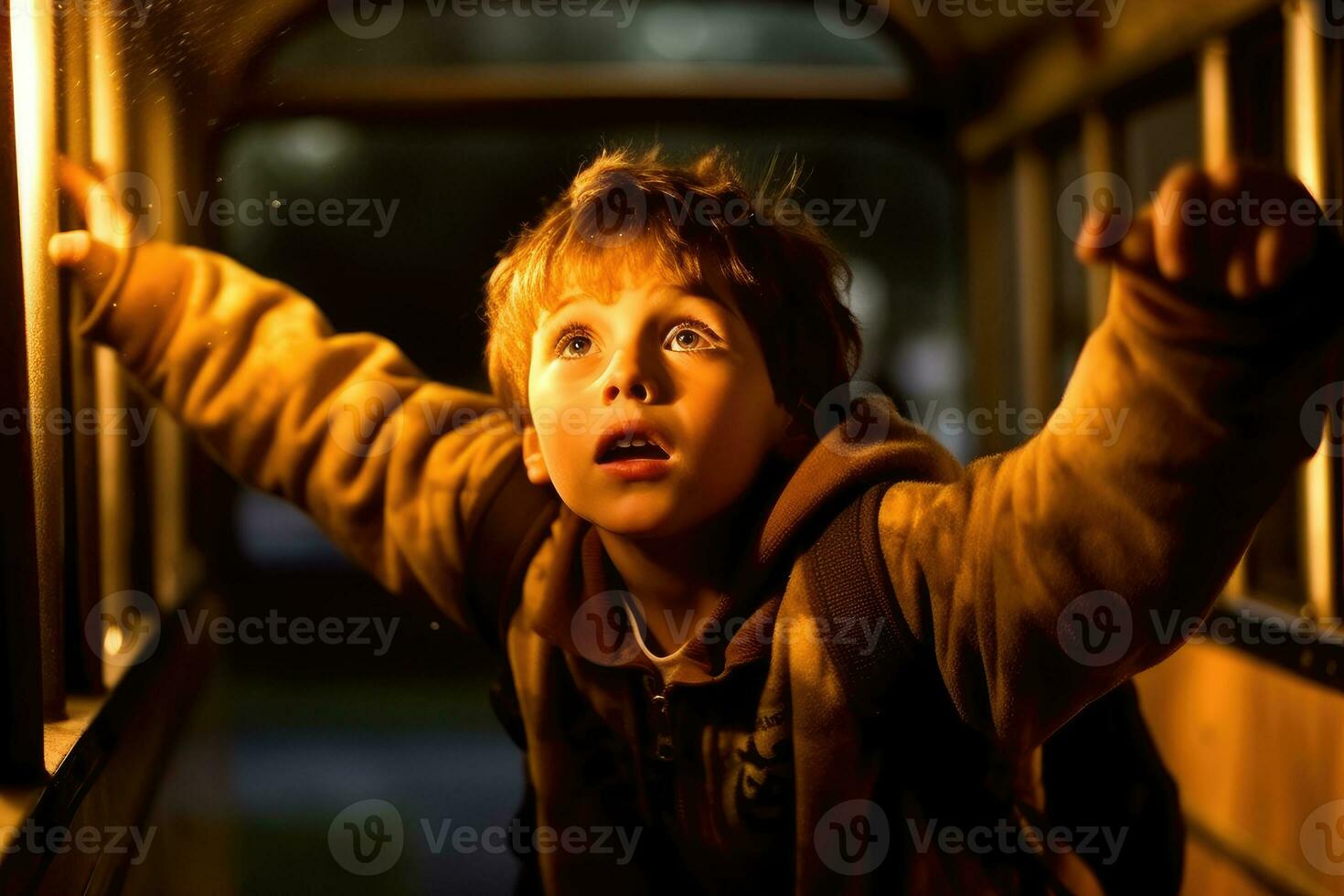 A low angle shot of a boy eagerly climbing onto a school bus. Generative AI photo