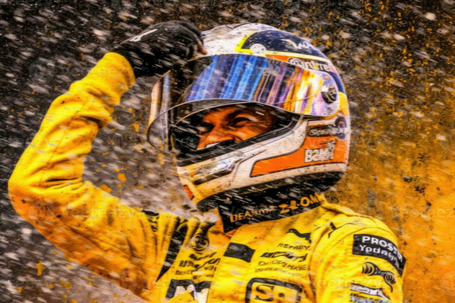 An enthusiastic race car driver celebrates his win with a splendid spray of champagne. Generative AI photo