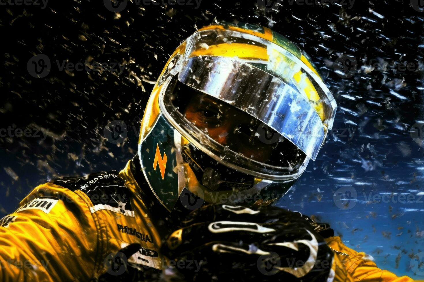 An enthusiastic race car driver celebrates his win with a splendid spray of champagne. Generative AI photo