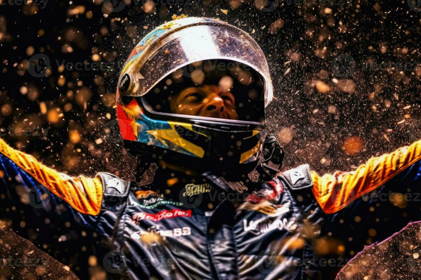 An enthusiastic race car driver celebrates his win with a splendid spray of champagne. Generative AI photo