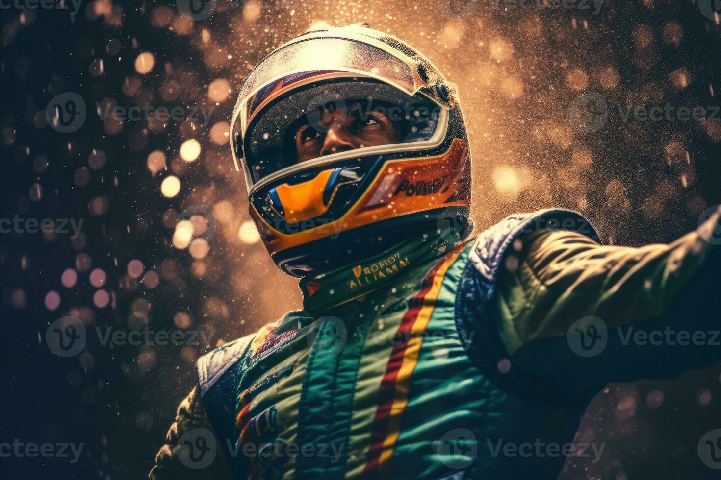An enthusiastic race car driver celebrates his win with a splendid spray of champagne. Generative AI photo