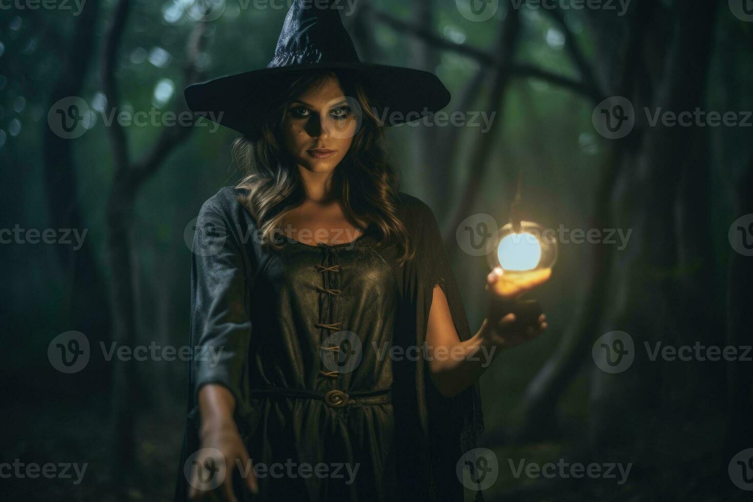 Halloween - themed photo, the mystique of a witch under the moonlight. Generative AI photo