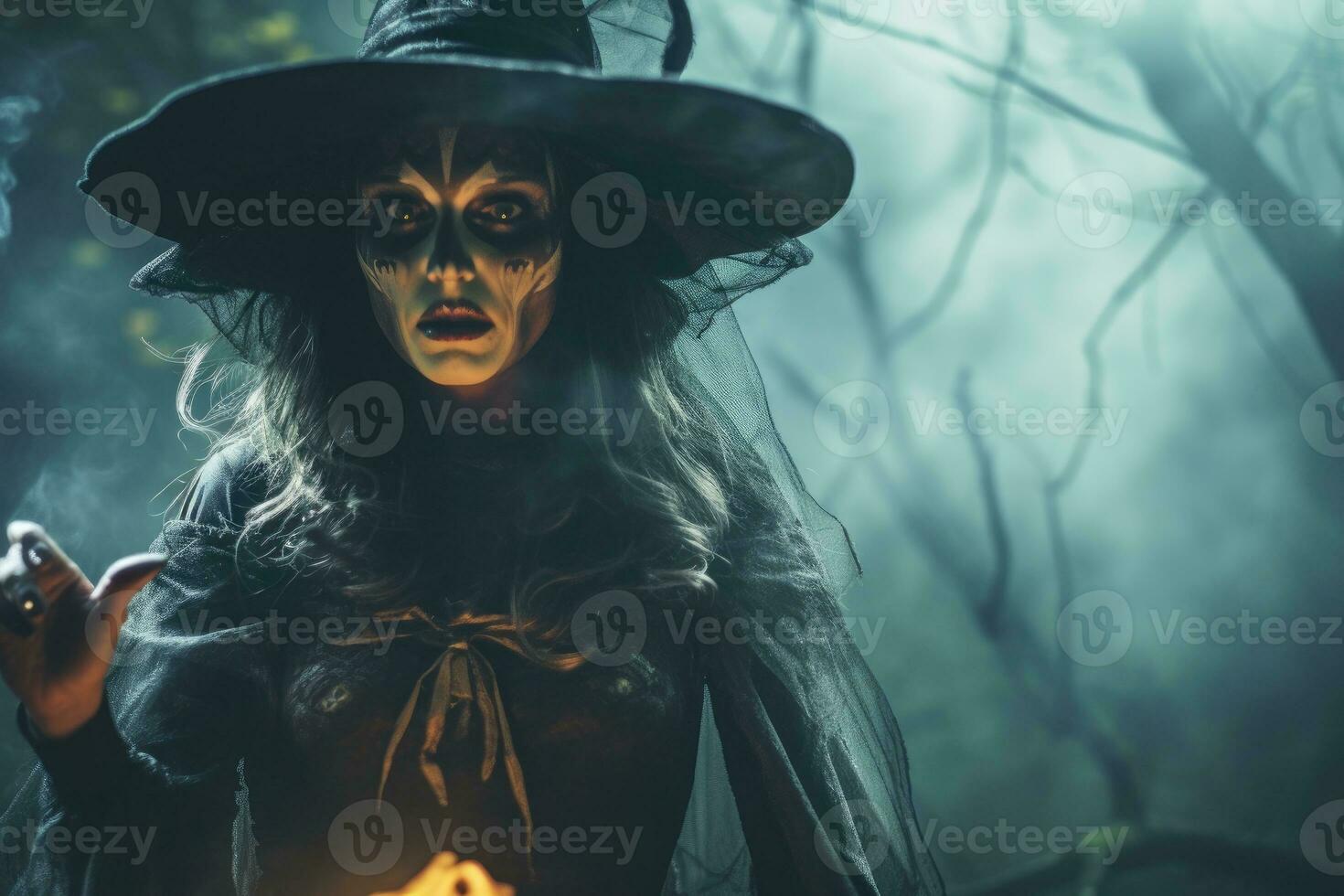 Halloween - themed photo, the mystique of a witch under the moonlight. Generative AI photo
