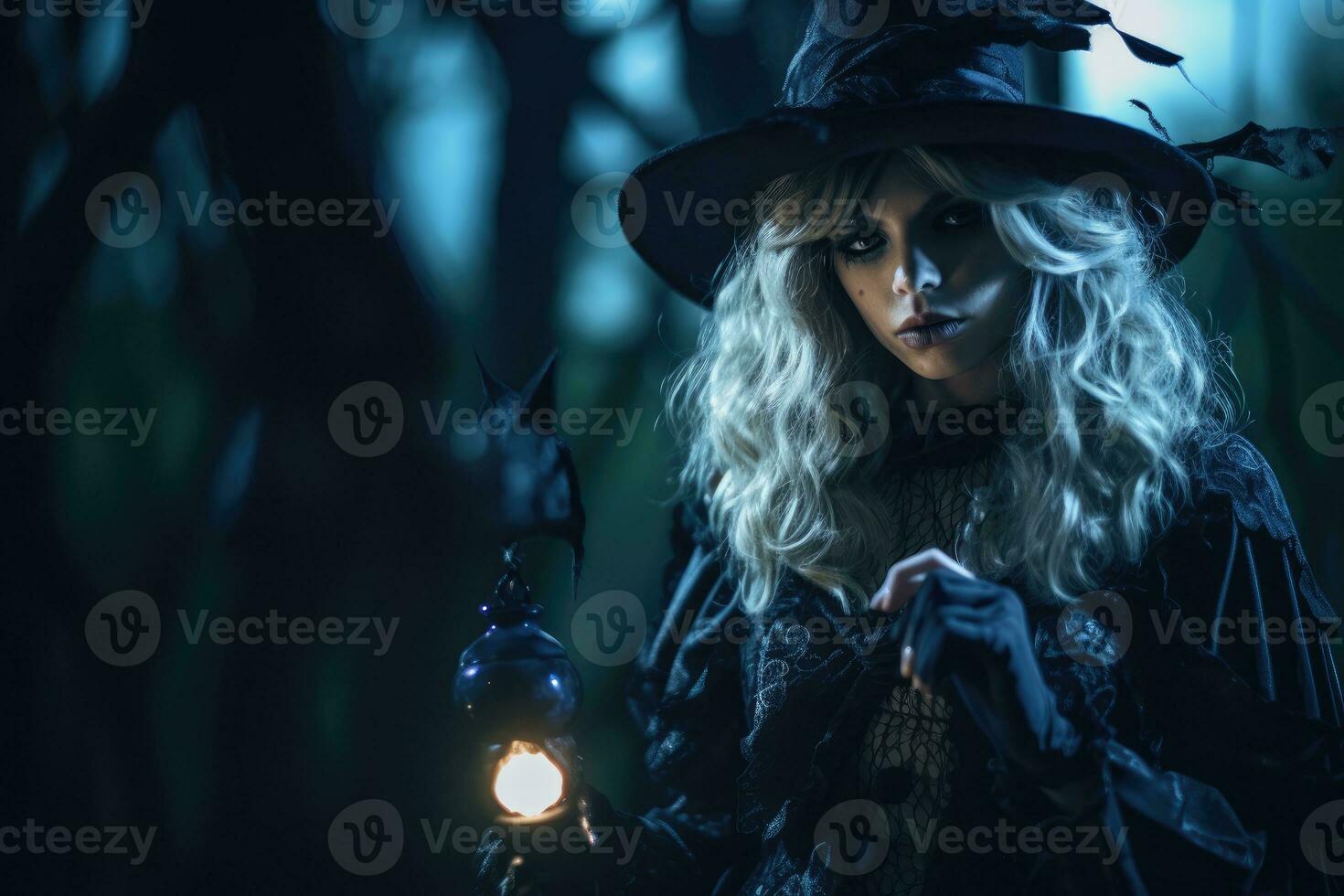 Halloween - themed photo, the mystique of a witch under the moonlight. Generative AI photo
