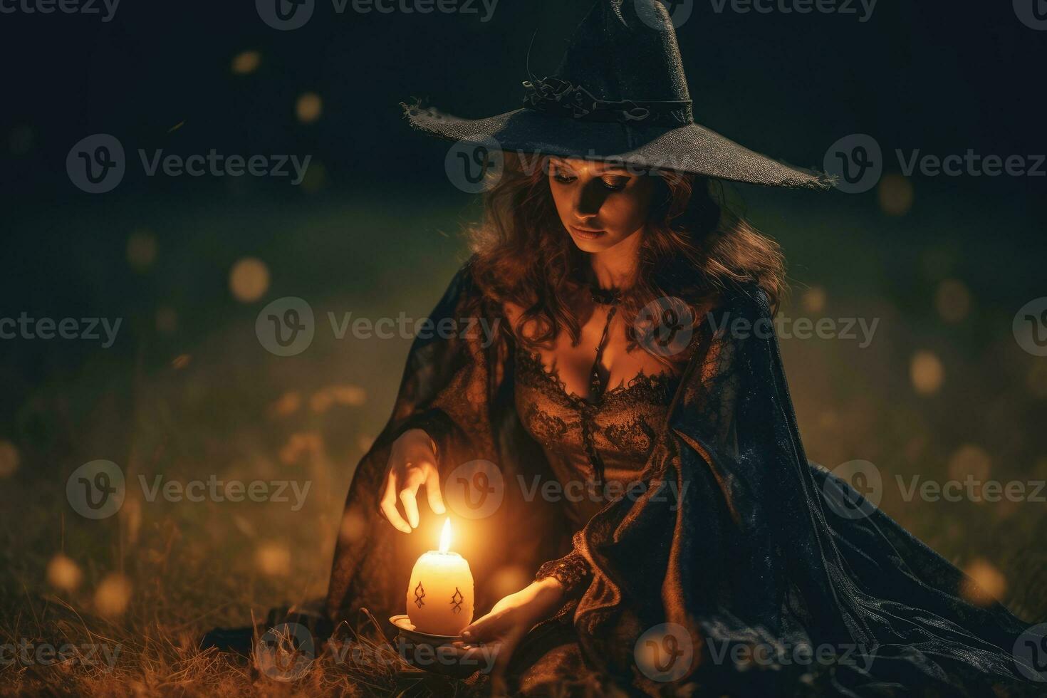 Halloween - themed photo, the mystique of a witch under the moonlight. Generative AI photo