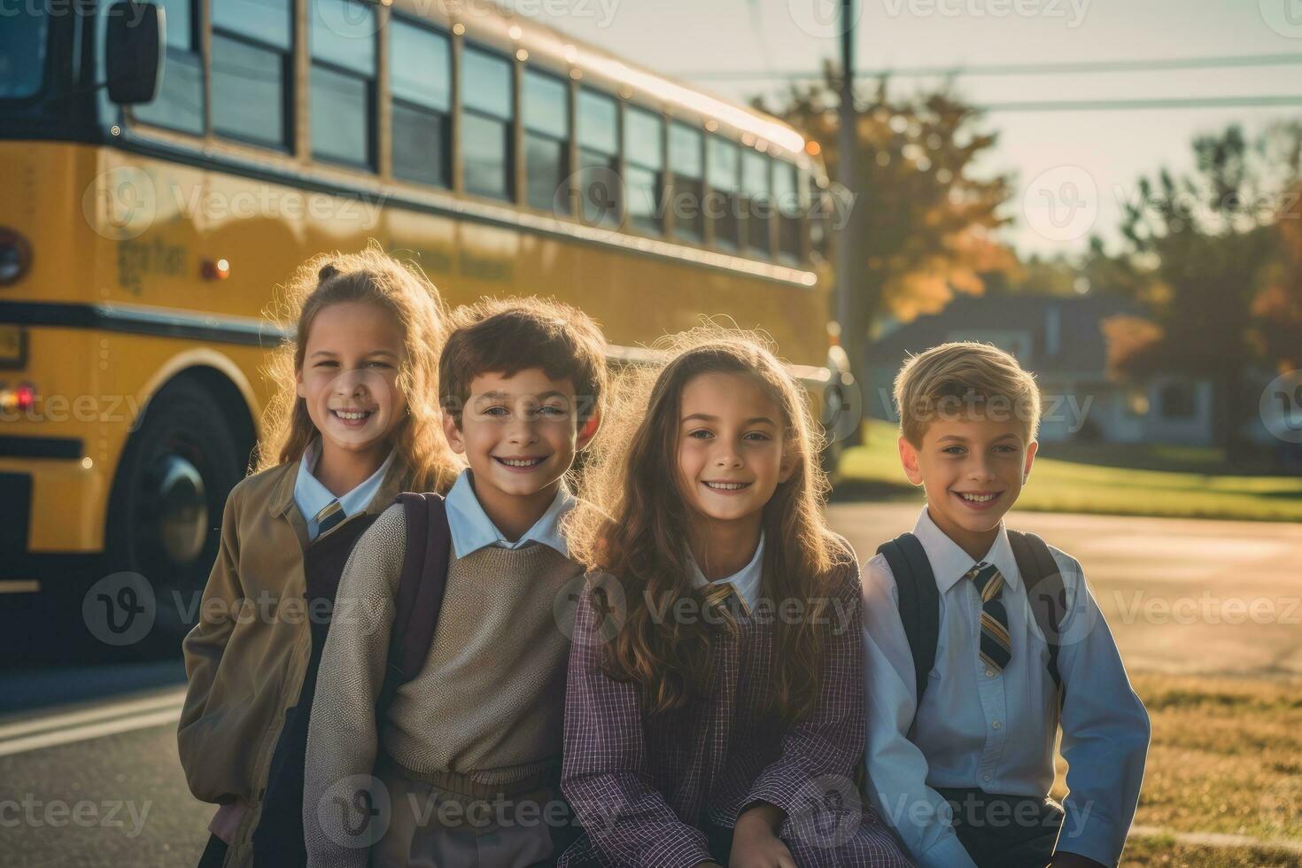 A group of children waiting at a school bus stop. Generative AI photo