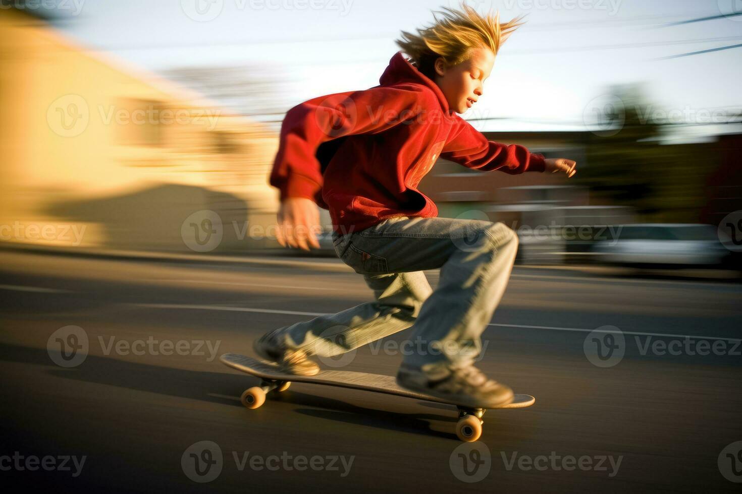 An environmental full body shot of a teenage boy on a skateboard, racing off to school. Generative AI photo