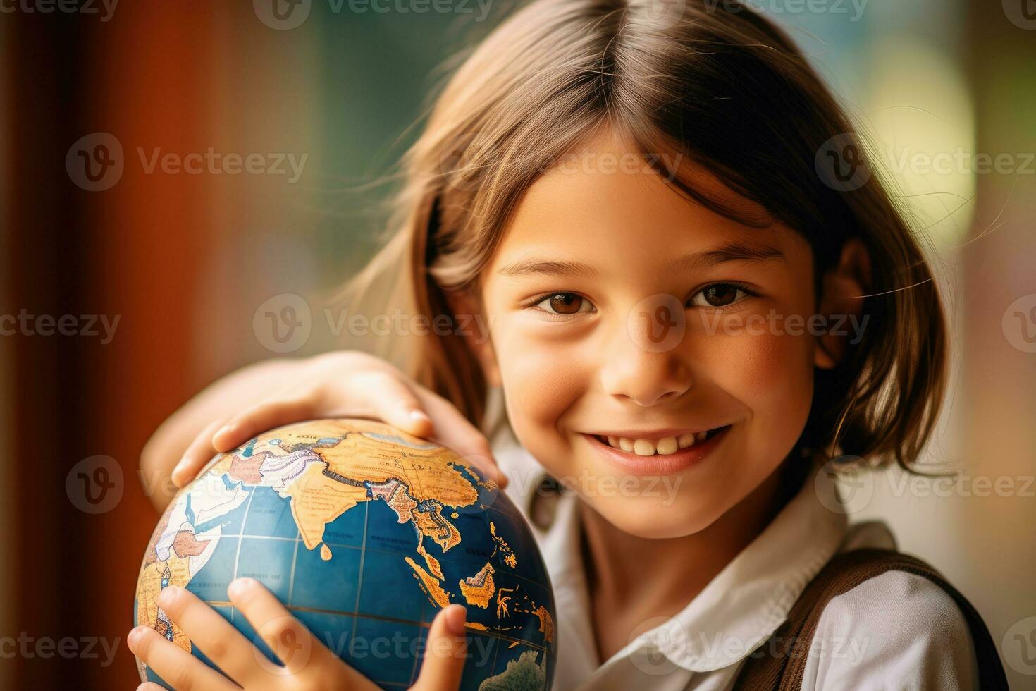 Cheerful headshot photo of a young girl with freckles and two braids holding a globe. Generative AI