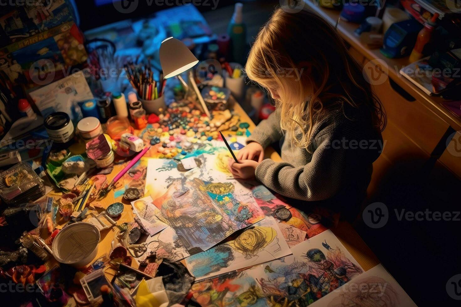 A high angle shot of a young girl sitting at her desk, completely absorbed in a world of colorful hand - drawn figures and imaginative stories. Generative AI photo