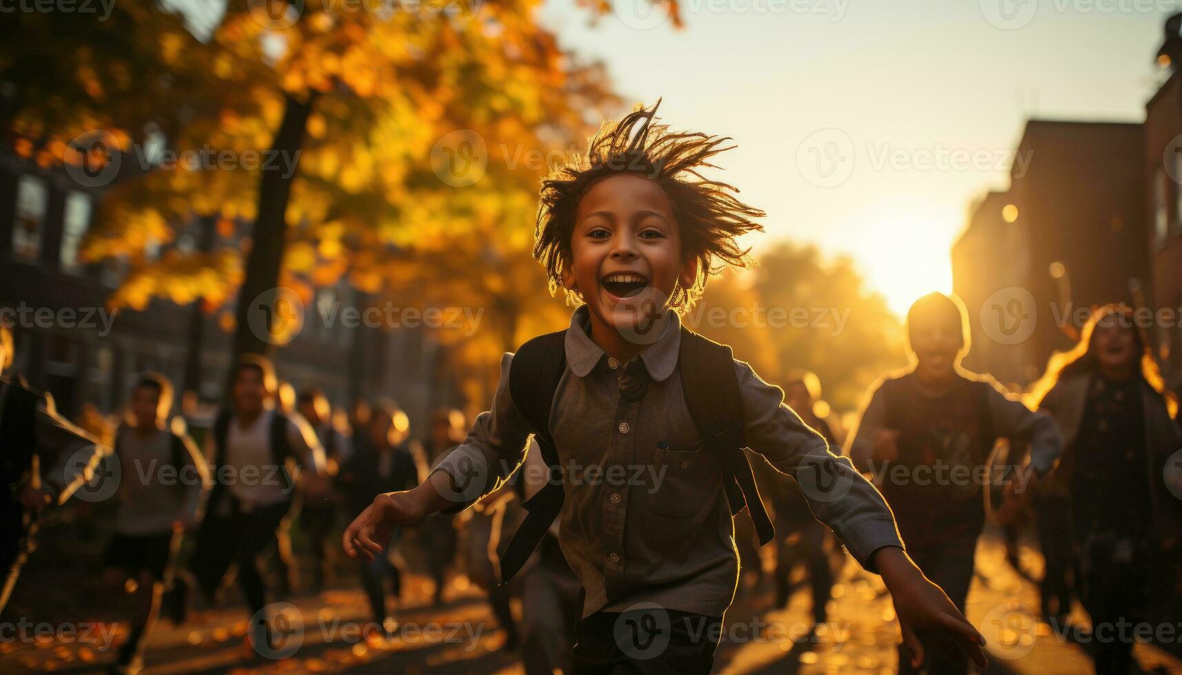 foto de un patio lleno de niños y un pequeño chico corriendo alrededor durante receso. generativo ai