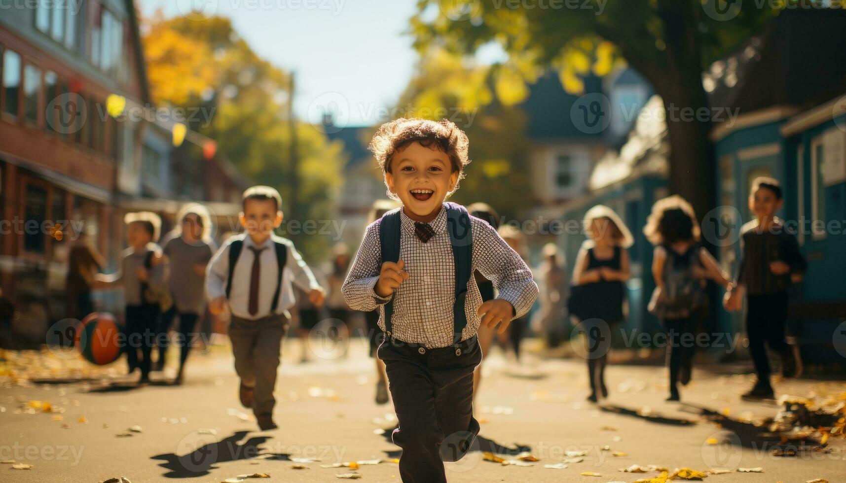 Photo of a schoolyard full of children and a little boy running around during recess. Generative AI