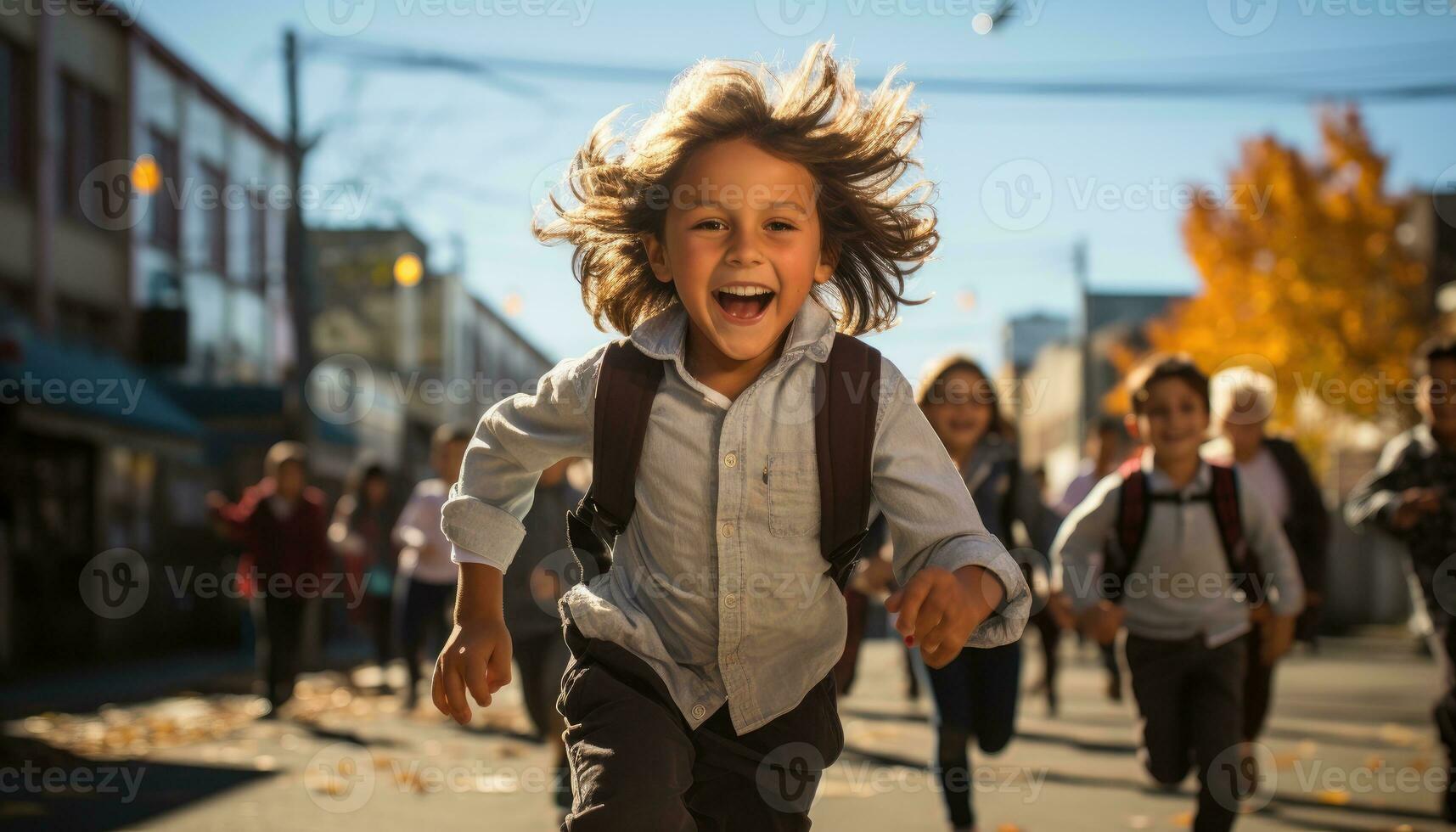 Photo of a schoolyard full of children and a little boy running around during recess. Generative AI