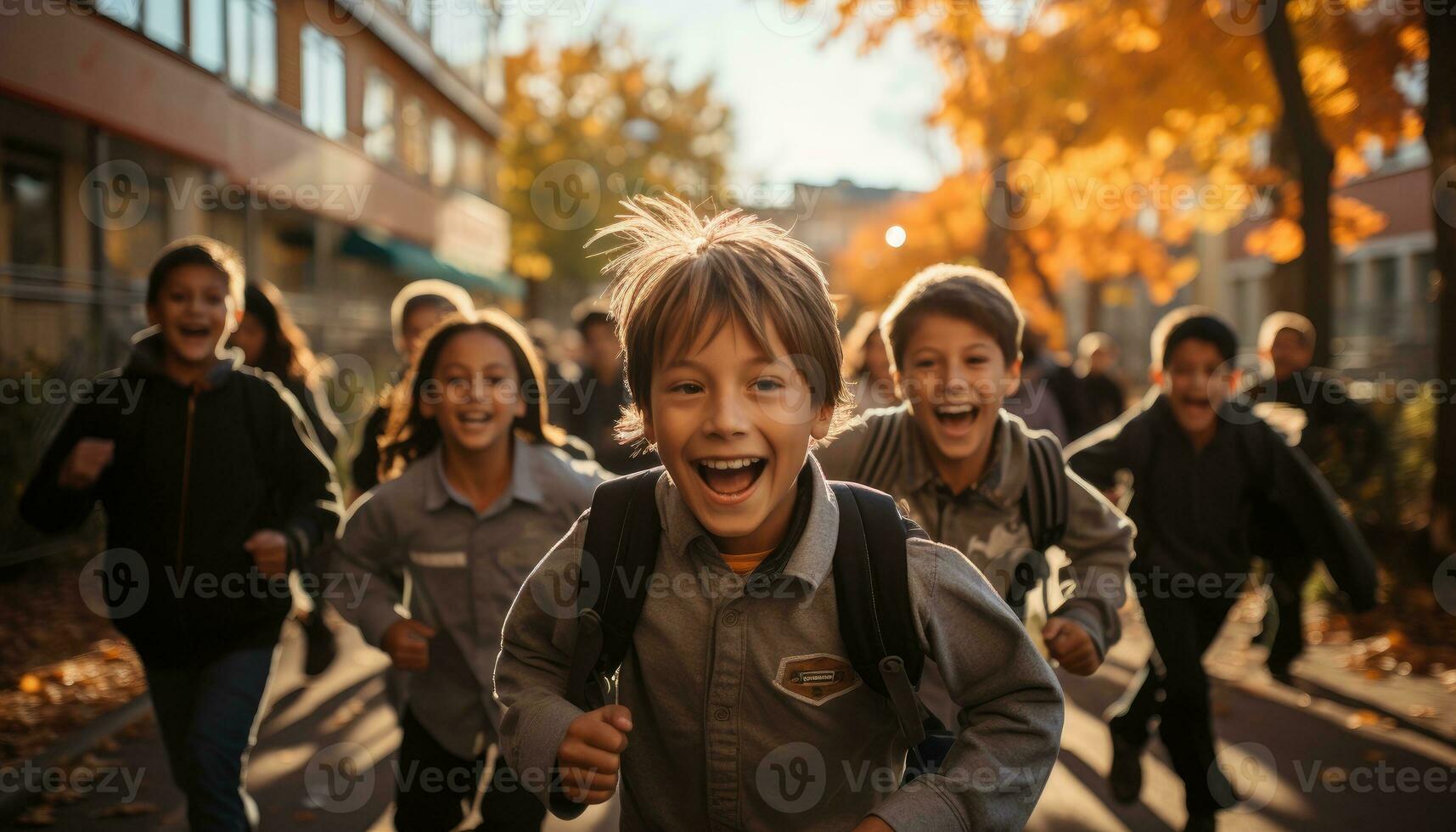 Photo of a schoolyard full of children and a little boy running around during recess. Generative AI