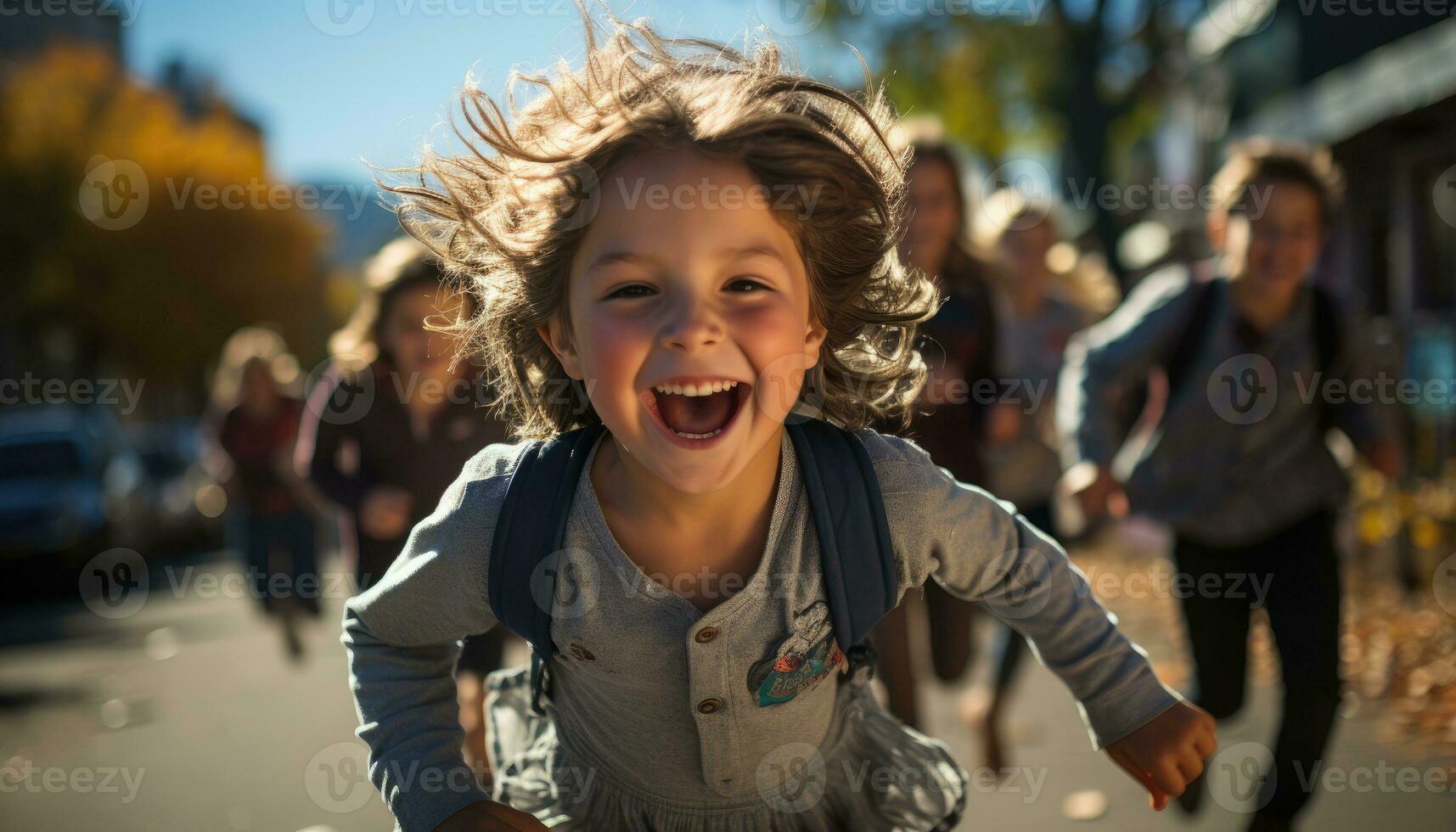 Photo of a schoolyard full of children and a little boy running around during recess. Generative AI