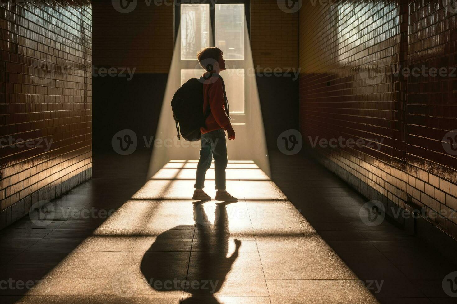 A young boy whose shadow morphs into a silhouette. Generative AI photo