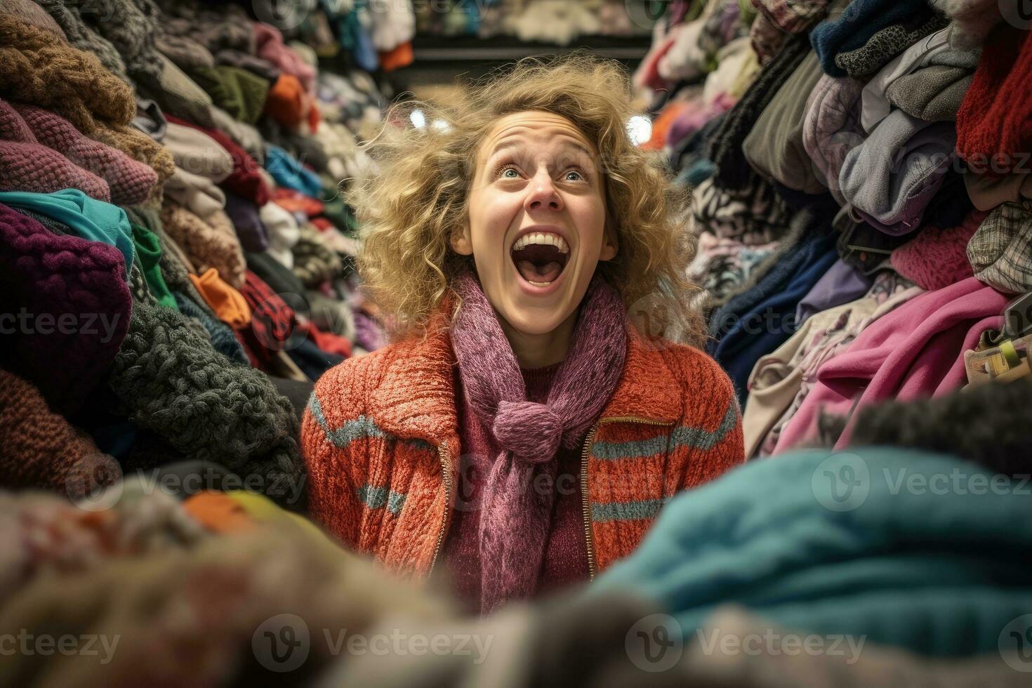 A young woman, her expressive emotions of anticipation and excitement clearly visible, is seen browsing through heaps of discounted items in a clothing store during Black Friday. Generative AI photo