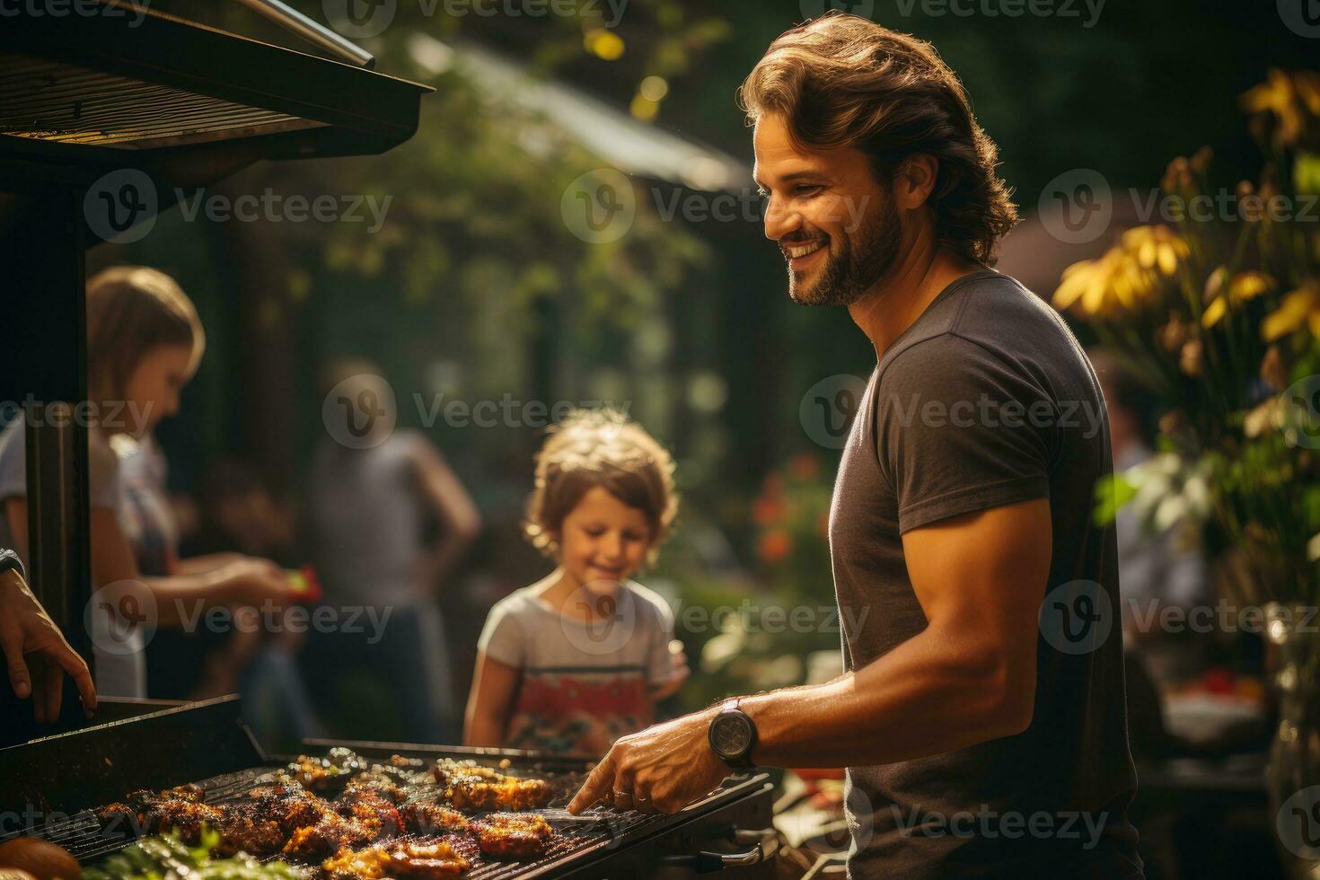 labor día divertido - familia disfrutando un patio interior parilla. generativo ai foto