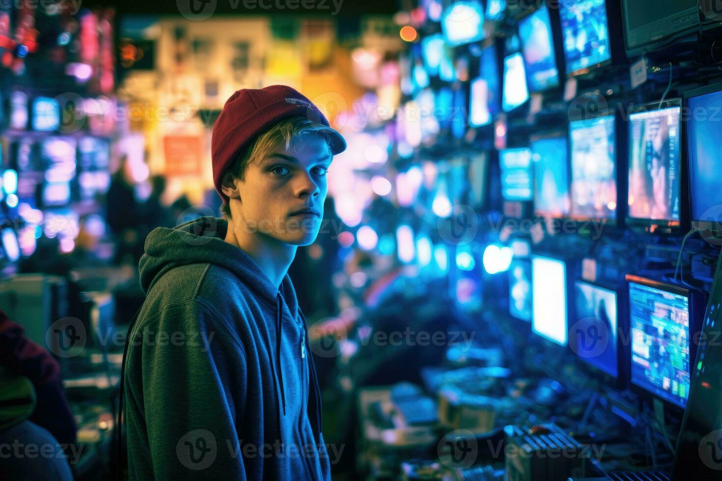 A young man scrutinizing a product against the backdrop of a crowded electronics store on Black Friday. Generative AI photo