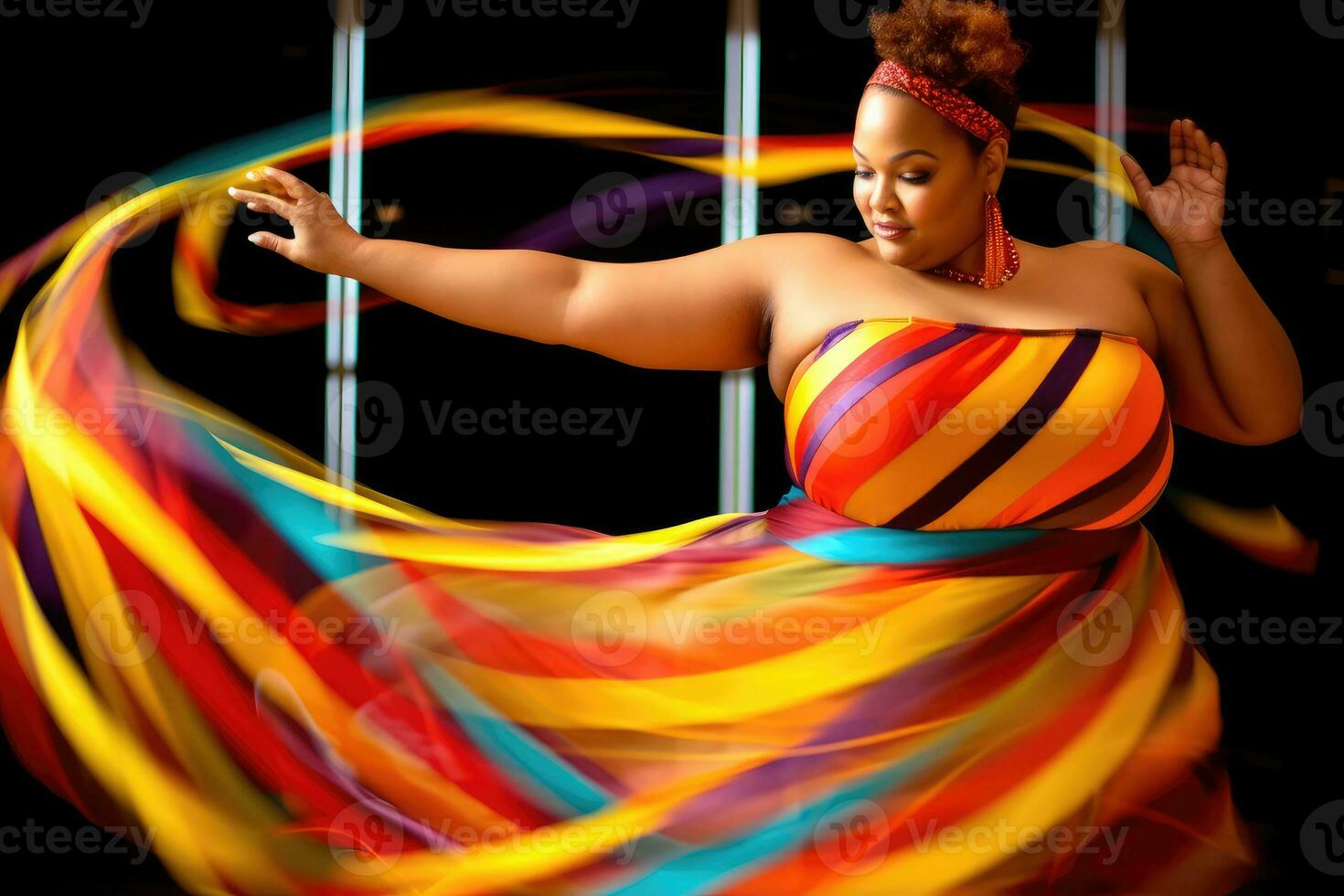 The plus - size woman mid - twirl, her arms extended as she spins a gymnastic ribbon with vivacious energy. Generative AI photo