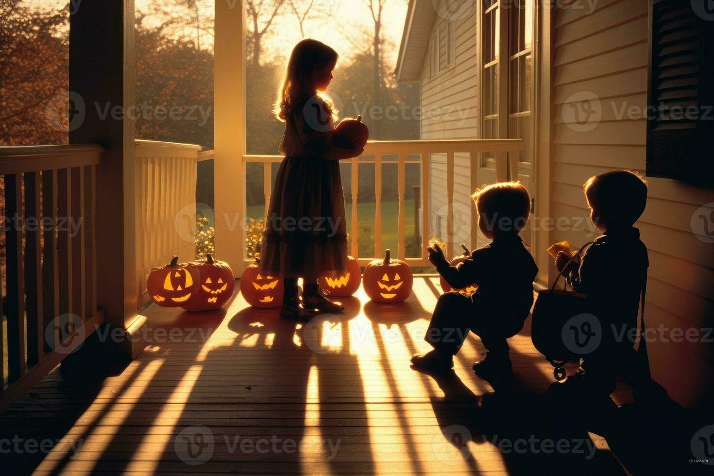 The silhouettes of children trick - or - treating, backlit by the warm glow of a jack - o' - lantern on a porch. Generative AI photo