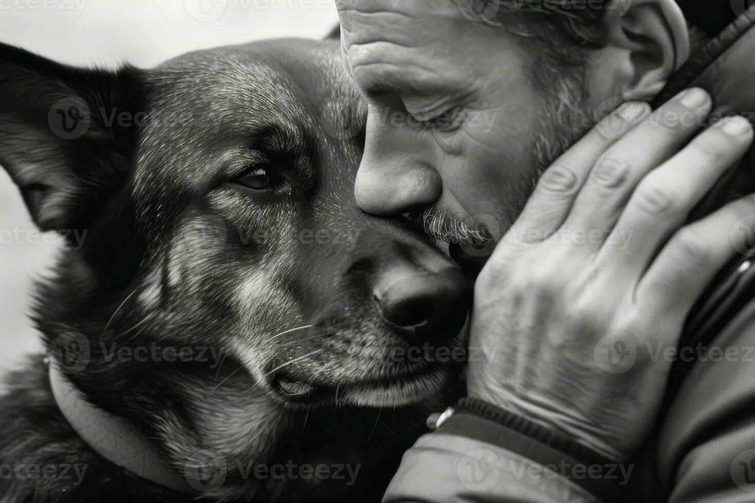 The shared moment between a man and his dog, their noses touching each other. Generative AI photo