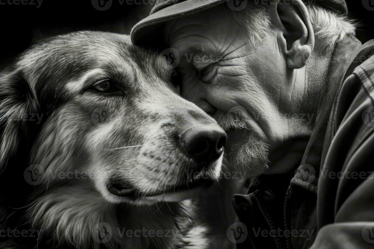 The shared moment between a man and his dog, their noses touching each other. Generative AI photo