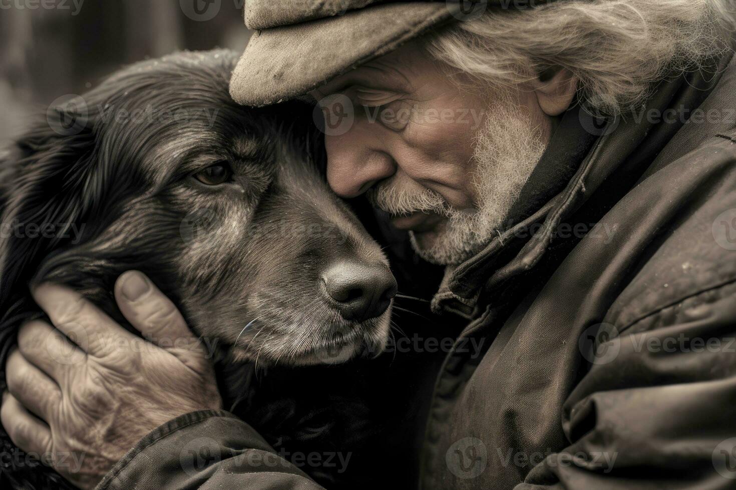 The shared moment between a man and his dog, their noses touching each other. Generative AI photo