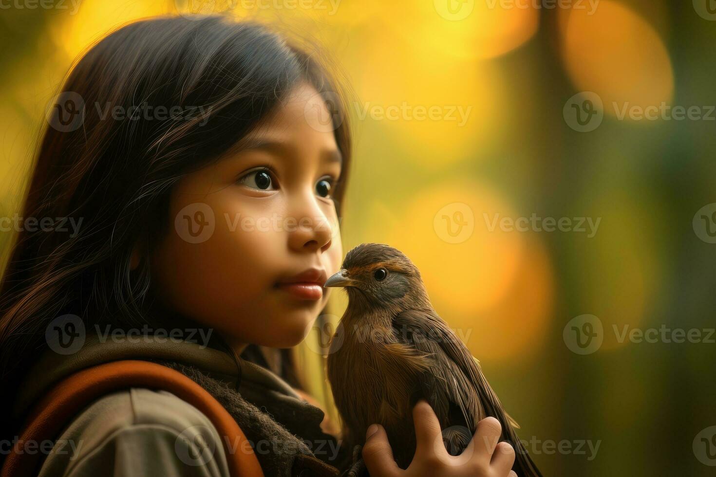 A close - up of a girl, her bird perched on her shoulder. Generative AI photo
