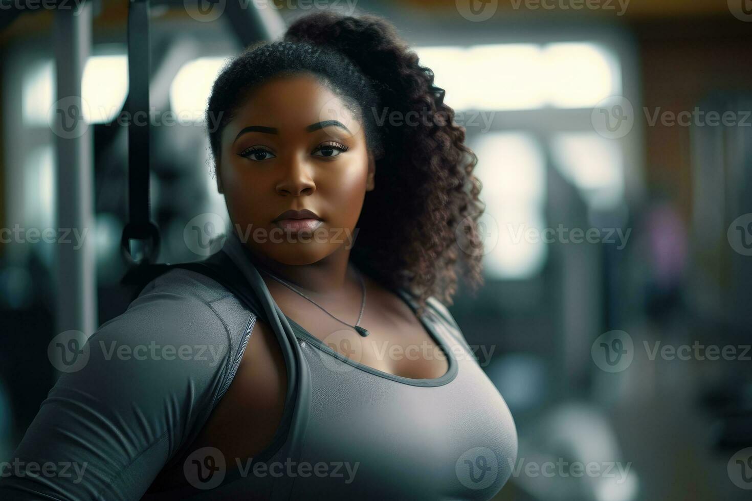 A plus - size woman in a gym, stretching before her workout. Generative AI photo