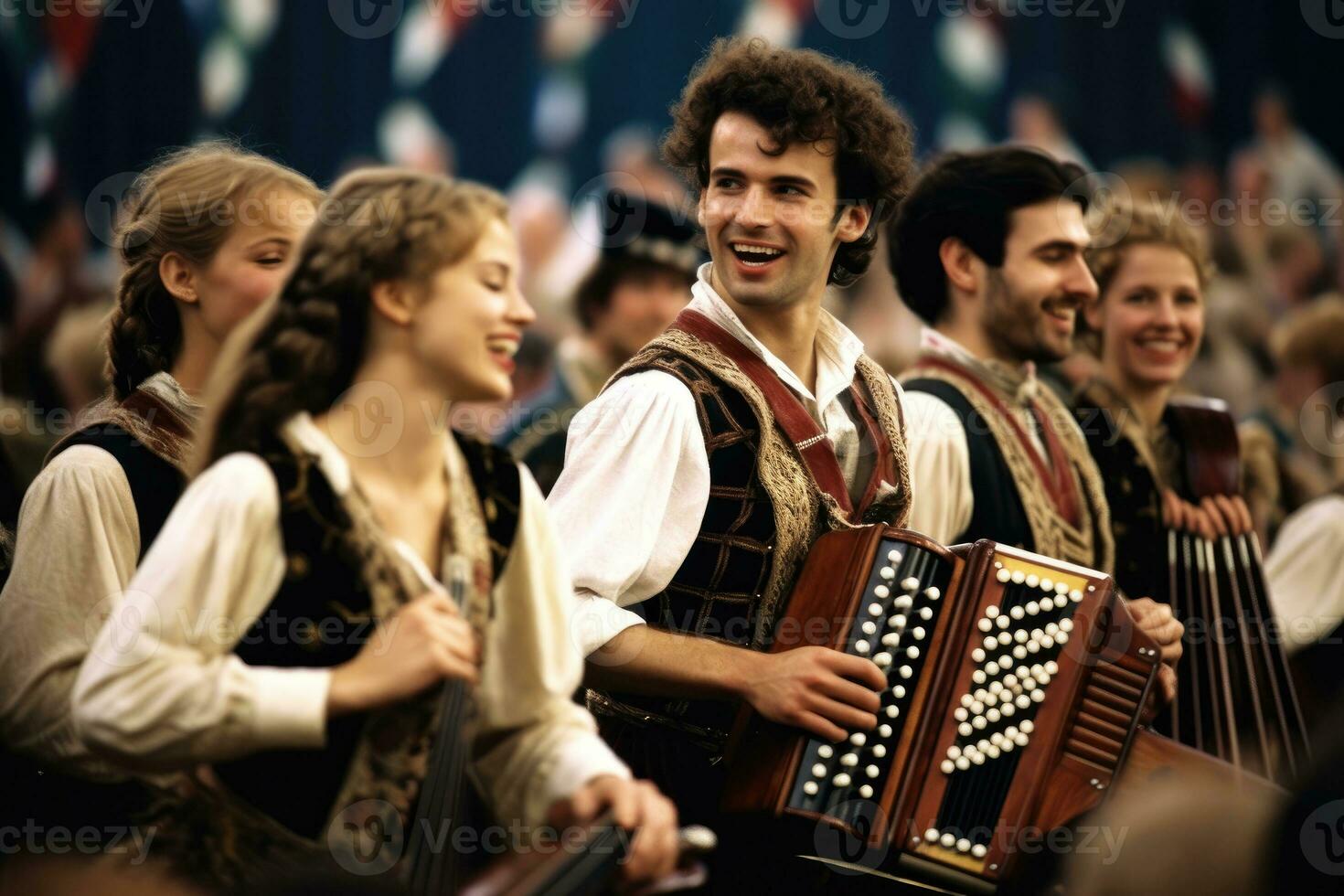 A lively Bavarian band performing on a festival stage. Generative AI photo