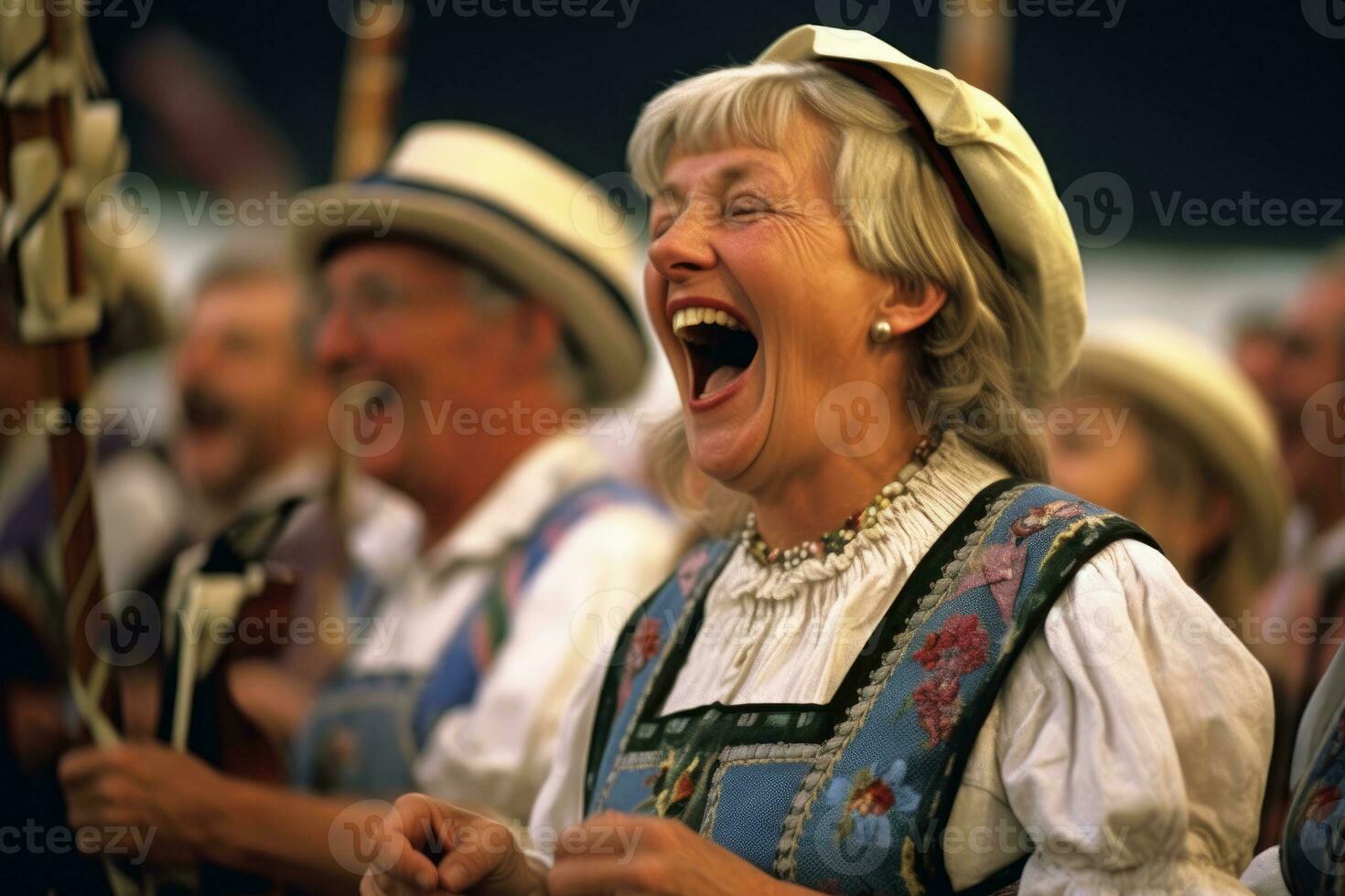 A lively Bavarian band performing on a festival stage. Generative AI photo