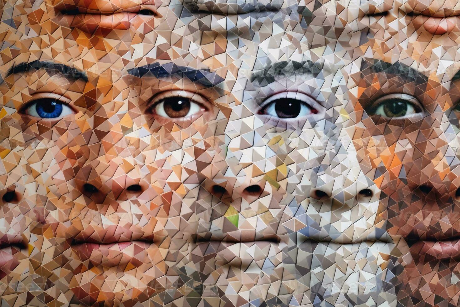 A collage of faces from diverse backgrounds. Generative AI photo