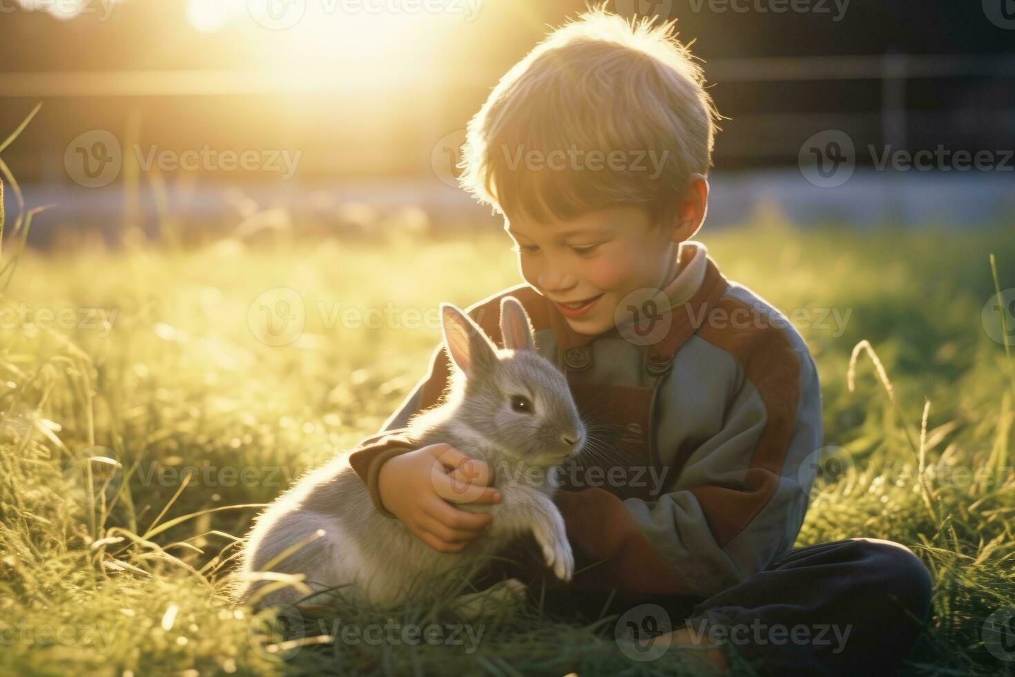 un niño fascinación y amable Interacción con un conejito. generativo ai foto