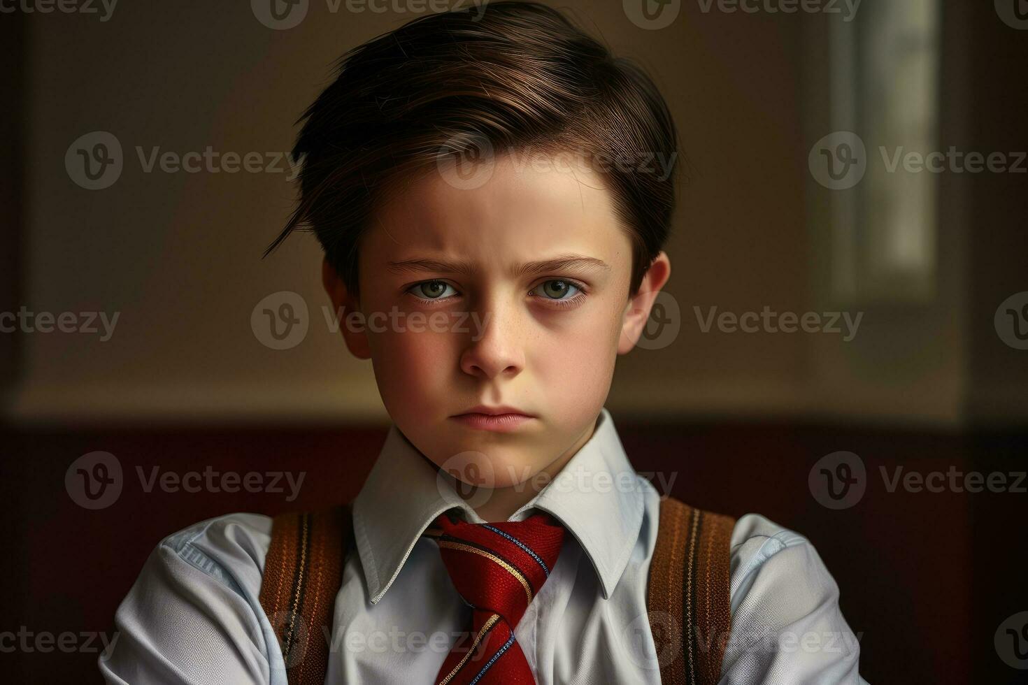 Close-up shot of a schoolboy wearing a tie. Generative AI photo
