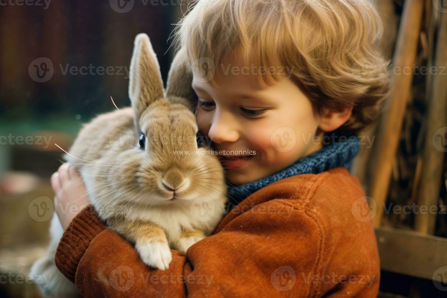 A child's fascination and gentle interaction with a bunny.  Generative AI photo